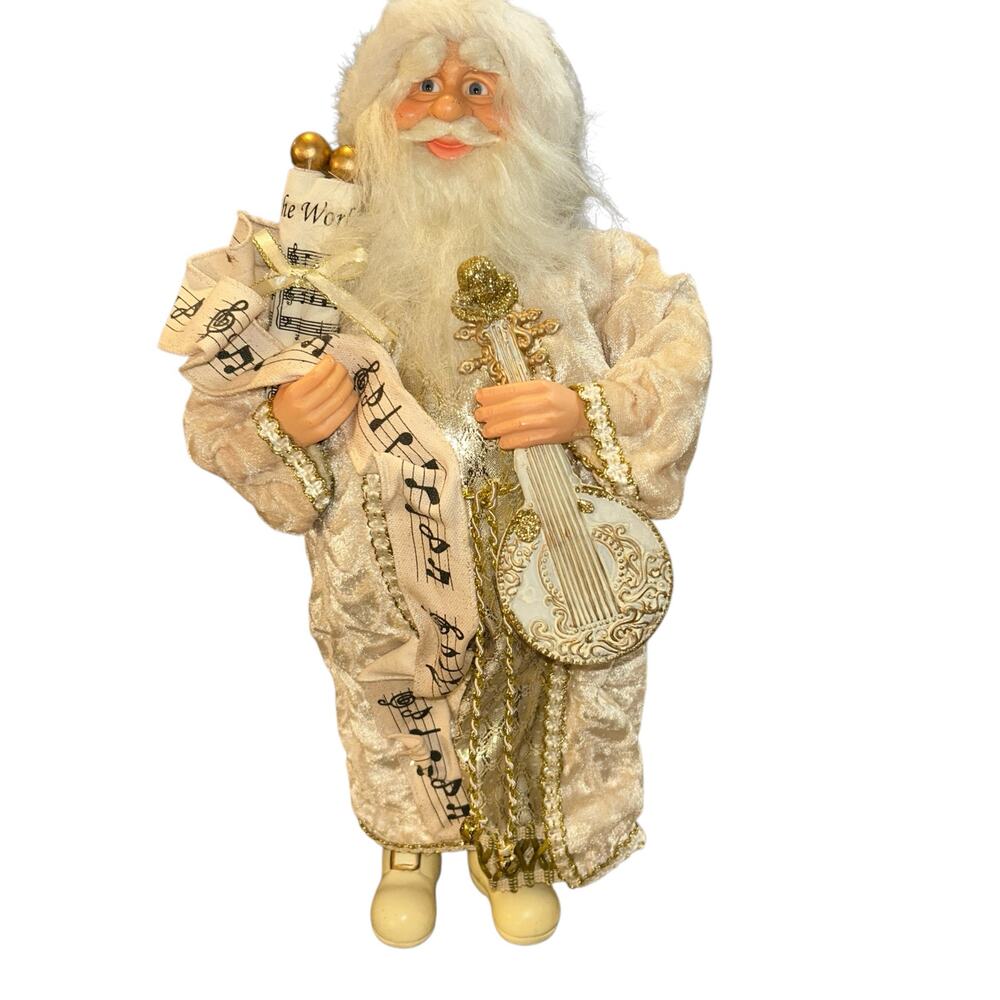 Vintage Christmas Santa Claus Figurine 16" White‎ Gold Musical Notes Holiday
